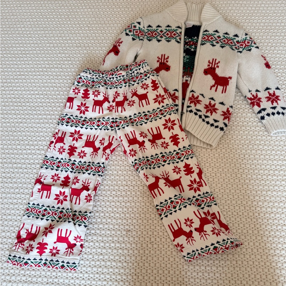Kids Cream and Red Reindeer Pajama Set